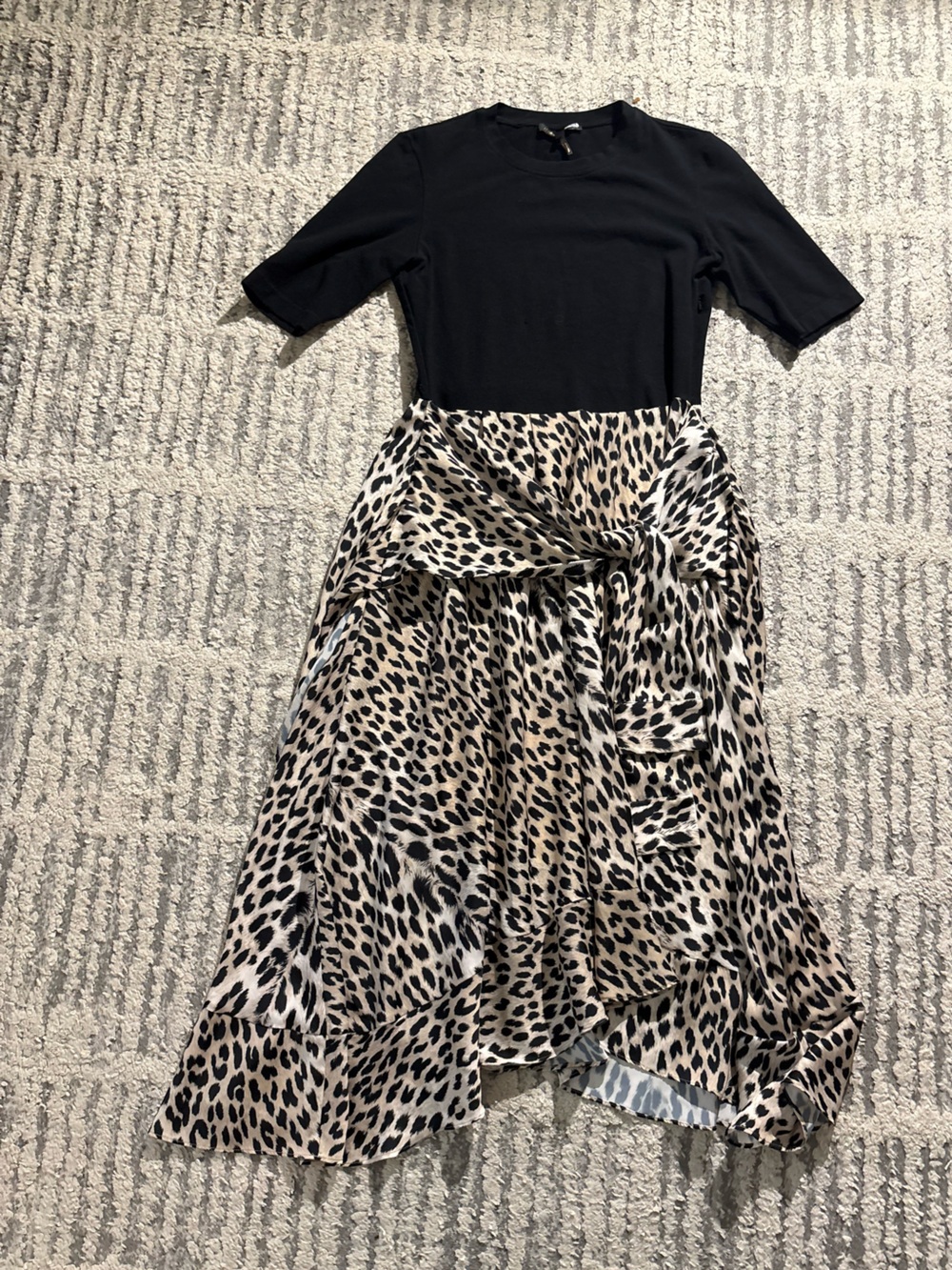 Maje black cream cheetah print wrap tie two tone flowy dress size 42/XL - Picture 2 of 7
